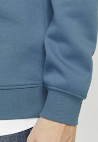 Blue sweatshirt featuring ribbed cuffs and hem, smooth texture, and a crew neckline. Material is soft and lightweight.