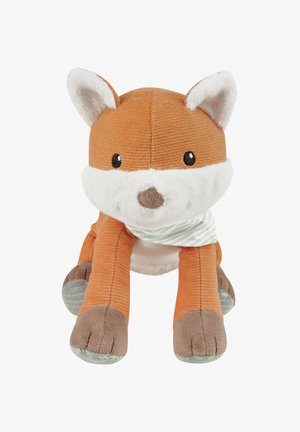 Stuffed fox toy with orange corduroy body, white plush fur accents, gray fabric paws, and striped green scarf. Features black button eyes.