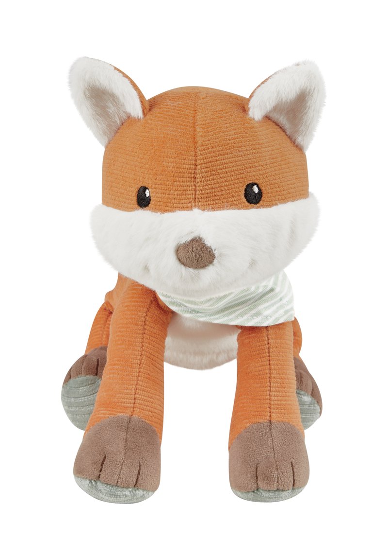 Stuffed fox toy with orange corduroy body, white plush fur accents, gray fabric paws, and striped green scarf. Features black button eyes.