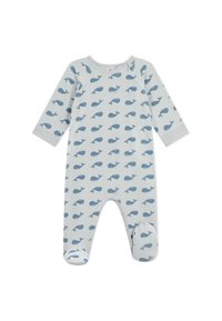 Helleblaue Schlafanzug mit Walmuster, aus weichem Stoff, mit langen Ärmeln, Fußdesign und Druckknopfverschluss an der Schulter.