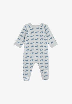 Lichtblauwe romper met een walvispatroon, gemaakt van zachte stof, met lange mouwen, voetjesontwerp en drukknoopsluiting op de schouder.