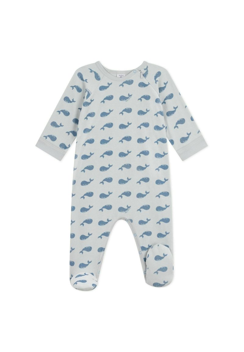 Helleblaue Schlafanzug mit Walmuster, aus weichem Stoff, mit langen Ärmeln, Fußdesign und Druckknopfverschluss an der Schulter.