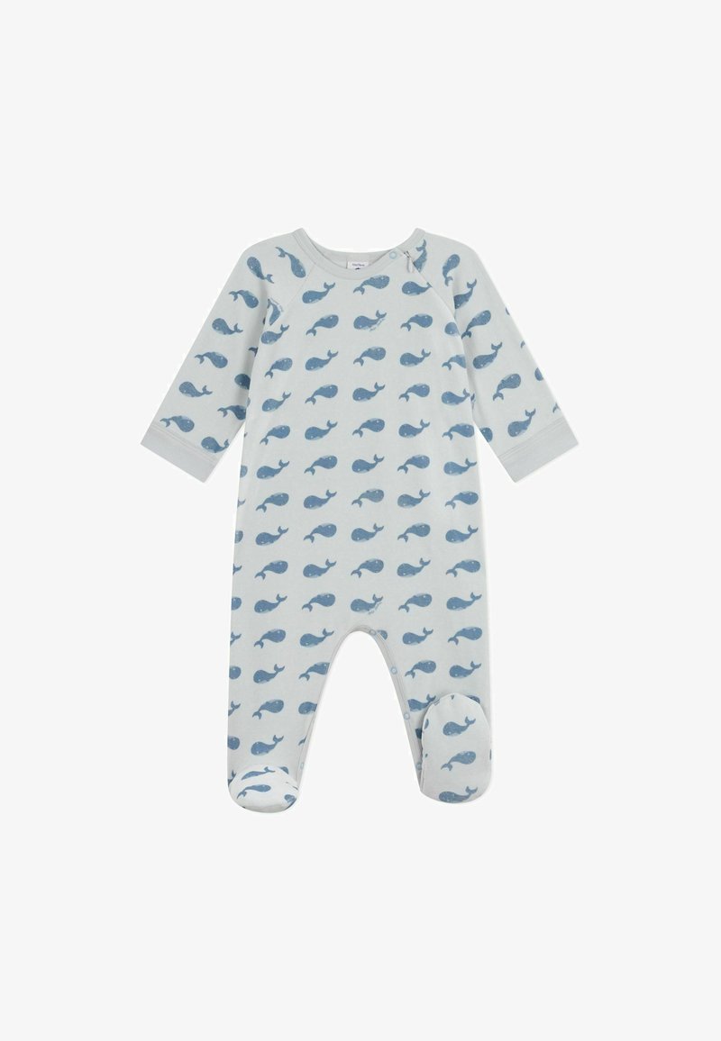 Helleblaue Schlafanzug mit Walmuster, aus weichem Stoff, mit langen Ärmeln, Fußdesign und Druckknopfverschluss an der Schulter.