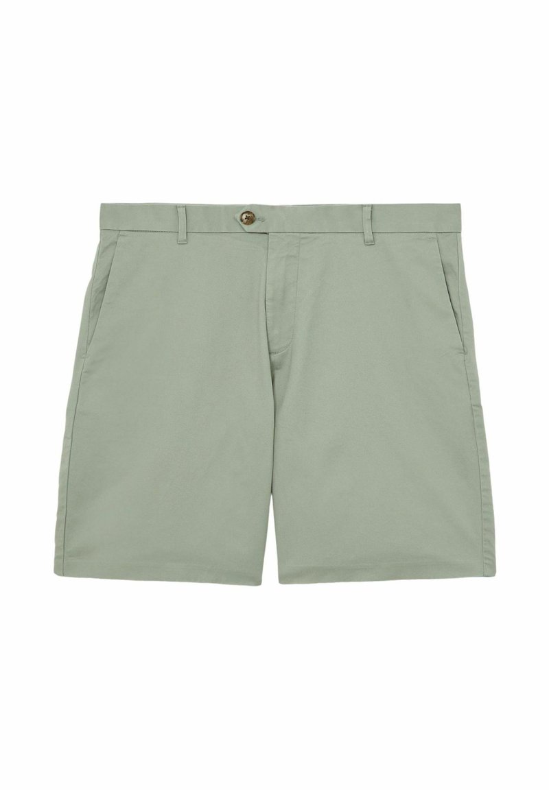 Lys grønne shorts lavet af stof med en glat tekstur. Har en knaplukning, bæltestropper og sidelommer. Enkelt design.