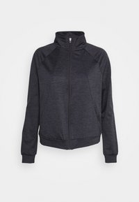 Mörkgrå zip-jacka i ett mjukt, texturerat tyg. Har hög krage, långa ärmar och ribbade manschetter.