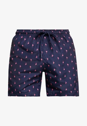 Shorts de bain navy avec taille à cordon, ornés d'un motif répétitif de flamants roses. Tissu lisse et léger, adapté aux activités nautiques.