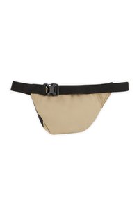 Borsa a cintura in tessuto beige con dettagli neri, dotata di una robusta fibbia nera e di una forma affusolata simile a una tasca per una conservazione compatta.