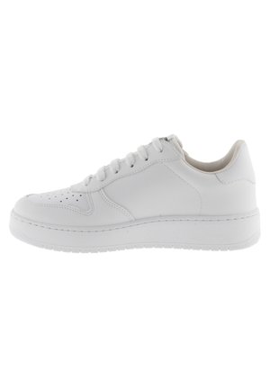White leather sneaker featuring a smooth finish, rounded toe, flat laces, and a textured rubber sole. Minimalistic design with perforations.