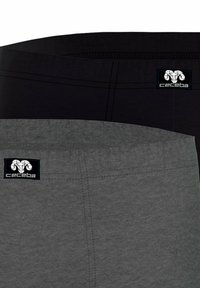 Due paia di mutande da uomo; il paio superiore è nero, quello inferiore è grigio scuro. Entrambi presentano etichette con logo e sono realizzati in tessuto morbido e elastico.