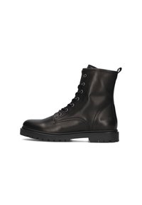 Zwarte leren enkelboots met een gladde textuur, ronde neus, vetersluiting, trekband en stevige zool voor grip.