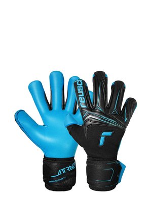 Black and blue goalkeeper gloves with padded palms, wrist straps, and "reusch" branding on the backhand side.