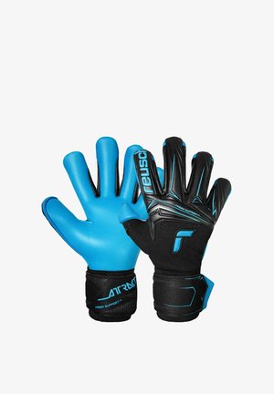 Schwarz-blaue Torwarthandschuhe mit gepolsterten Handflächen, Handgelenkriemen und "reusch"-Markenlogo auf der Rückhandseite.