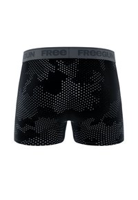Boxer shorts noirs avec un motif à pois dans des nuances de gris variées, dotés d'une taille grise avec le logo "Freegun". Texture lisse.