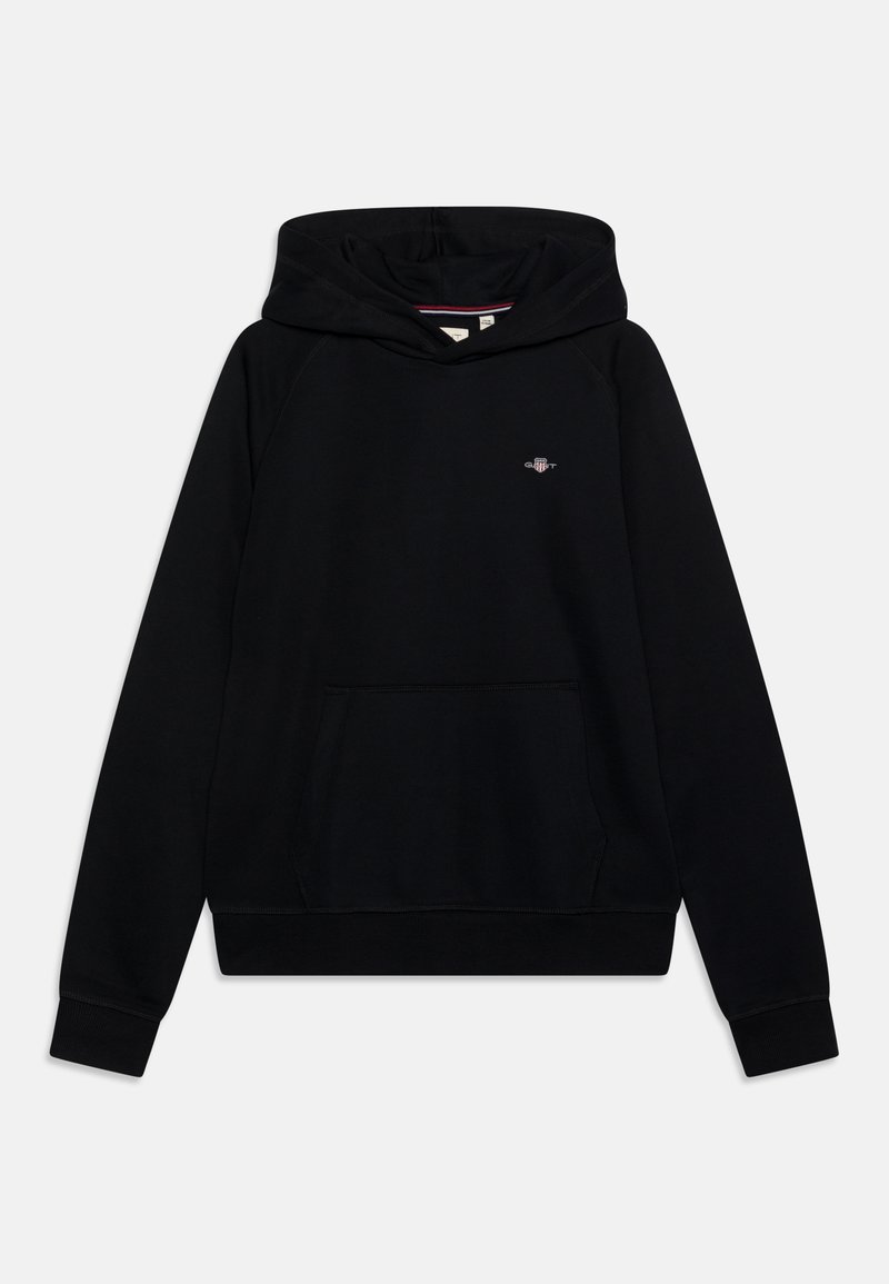 Sweat à capuche noir avec poche kangourou à l'avant, petit logo brodé sur la poitrine, poignets côtelés et capuche.