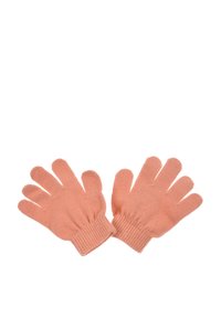Guanti in cotone a maglia di un morbido colore pesca, con design a cinque dita e polsini a costine per una vestibilità aderente. Texture liscia, senza motivi né dettagli.