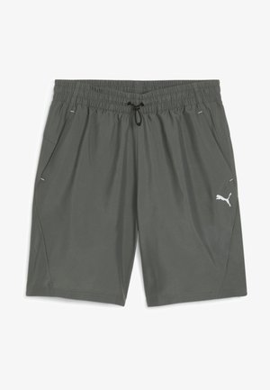 Siane szare szorty sportowe wykonane z lekkiego materiału. Posiadają elastyczny pas z troczkiem, boczne kieszenie oraz białe logo na dolnym lewym boku.