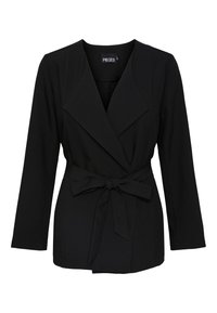 Blazer noir avec col châle, manches longues et ceinture nouée à la taille. Confectionné en tissu lisse avec un design structuré et sans motifs visibles.