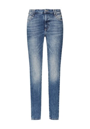 Jeansy skinny fit w średnim niebieskim dżinsie z wyblakłym wykończeniem. Posiadają szlufki na pasek, pięć kieszeni oraz zamek błyskawiczny z zapięciem na guzik.