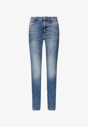 Skinny-Fit-Jeans aus mittlerem blauen Denim mit einem verblassten Finish. Mit Gürtelschlaufen, fünf Taschen und einem Reißverschluss mit Knopfverschluss.