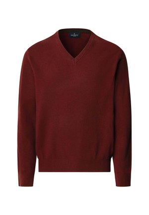 Sveter s V výstrihom a dlhým rukávom v bohaté burgundskej farbe. Vyrobený z mäkkej, štruktúrovanej tkaniny s ribovanými manžetami a lemom. Minimalistický dizajn, bez vzorov.