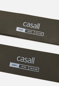 Benzile de rezistență negre etichetate cu "casall" cu text alb indicând "HARD", "10 KG" și "22.0 LBS." Textură netedă, design flexibil.