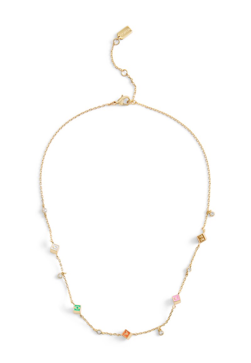 Collier en chaîne dorée orné de charms carrés colorés, d'accents clairs et d'une fermeture à mousqueton avec longueur réglable.