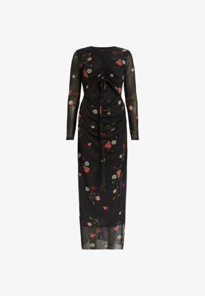 Črna cvetna obleka iz prozorne tkanine, ki ima dolge rokave, nabran dizajn in barvite cvetlične vzorce po celotni obleki.