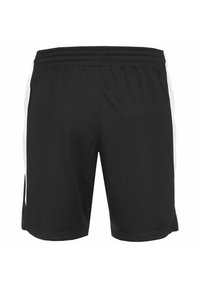 Shorts sportivi neri con vita elastica, caratterizzati da dettagli laterali bianchi e un tessuto strutturato. Non sono visibili tasche.