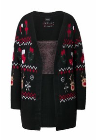 Schwarze Strickjacke mit festlichen weißen und roten Mustern, die Rentier, Schneeflocken und Ornamente zeigen. Gemusterte Textur, offenes Vorderdesign.