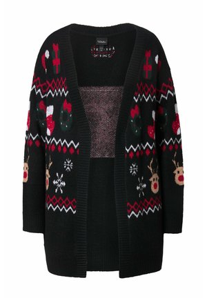 Musta cardigan juhlallisilla valkoisilla ja punaisilla kuvioilla, joissa on poroja, lumihiutaleita ja koristeita. Neulottu rakenne, avoin etuosa.