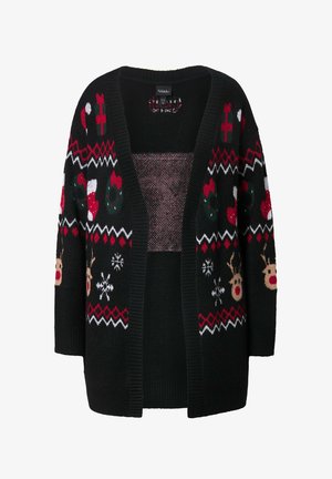 Cardigan nero con motivi festivi bianchi e rossi, caratterizzato da renne, fiocchi di neve e ornamenti. Texture lavorata a maglia, design aperto davanti.