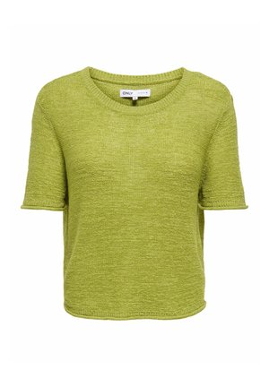 Suéter de punto de manga corta en verde claro con cuello redondo, bordes acanalados y etiqueta de tamaño mediano en el interior del cuello.