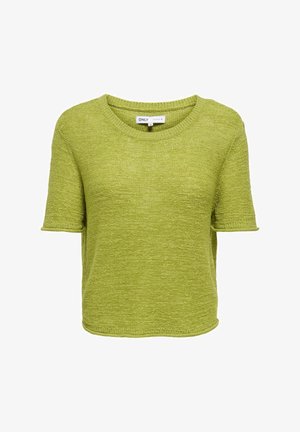 Lichtgroene, gebreide trui met korte mouwen, ronde halslijn, geribbelde randen en een medium maat label aan de binnenkant van de kraag.