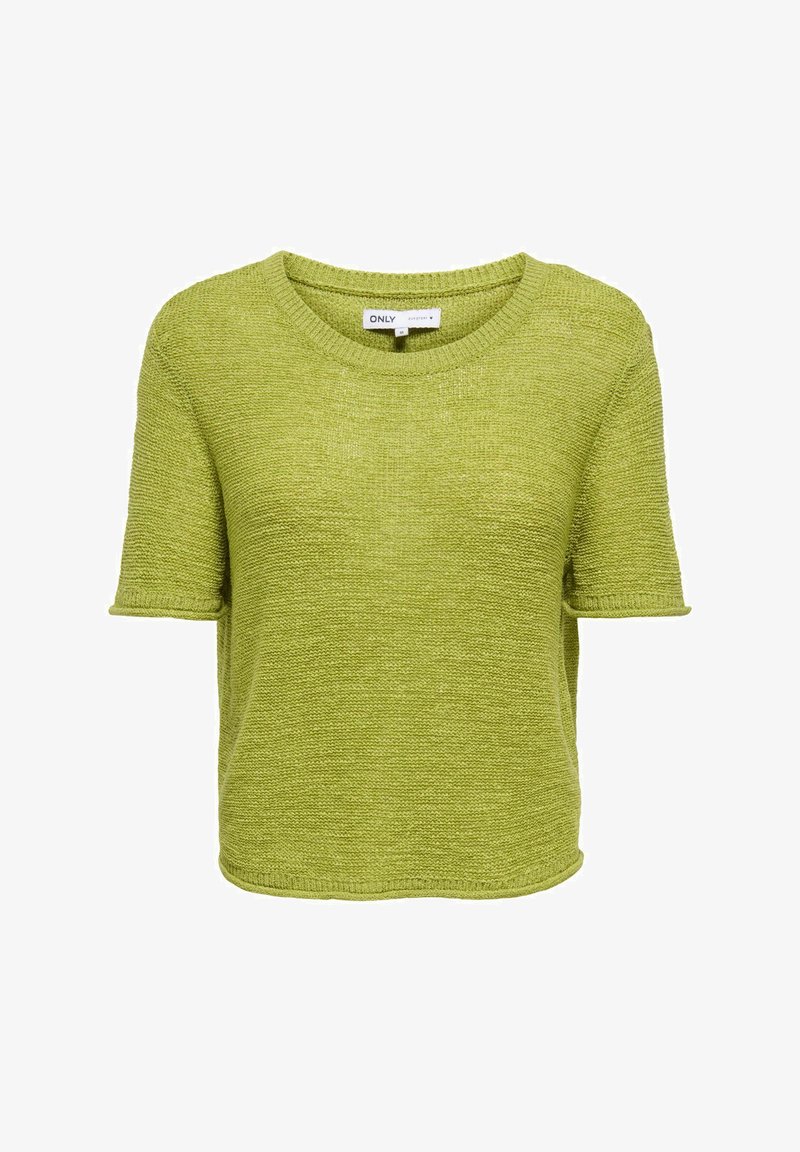 Pull en maille vert clair à manches courtes avec un col rond, des bordures côtelées et une étiquette de taille moyenne à l'intérieur du col.