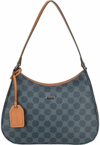 Shoulder bag in dark blue textured material with a geometric pattern, brown leather trim, and a detachable tag. Features a curved silhouette.