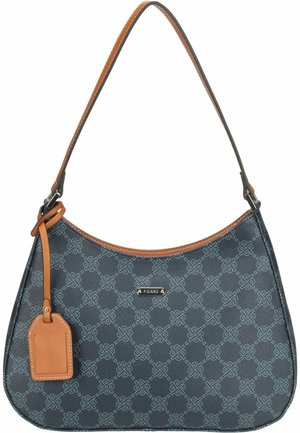Shoulder bag in dark blue textured material with a geometric pattern, brown leather trim, and a detachable tag. Features a curved silhouette.