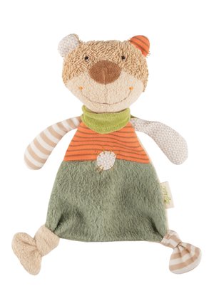 Stuffed toy bear with a textured brown face, green body, orange striped shirt, and patterned arms and legs. Features embroidered sun detail.