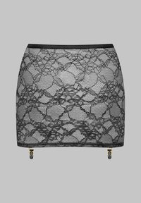 Jupe en dentelle noire avec des motifs floraux et un design semi-transparent. Elle dispose d'une taille lisse et de deux accents en métal doré à la base.