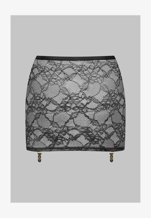 Black lace skirt with floral patterns and a semi-transparent design. Features a smooth waistband and two gold-tone hardware accents at the base.