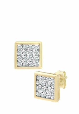 Quadratische Ohrstecker mit einer goldfarbenen Fassung und einem erhabenen Muster aus klaren, runden Zirkoniasteinen.