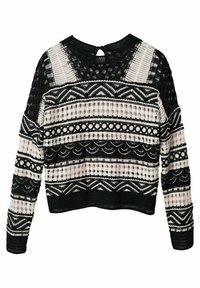Schwarz-cremefarbener Pullover mit geometrischen Mustern, offenem Strickdesign, langen Ärmeln und einem Schlüssellochdetail am Rücken. Strukturiert und leicht.