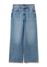 Jeans a gamba larga in denim azzurro chiaro con vita alta, tasche frontali e leggera sbiaditura, caratterizzati da una vestibilità dritta e senza decorazioni.