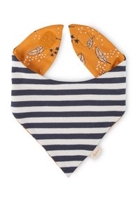 Baumwoll-Bandana-Lätzchen mit navy- und weißen Streifen, an den orangefarbenen, gemusterten Spitzen mit Blättern und Punkten. Weiche Textur und dreieckige Form.