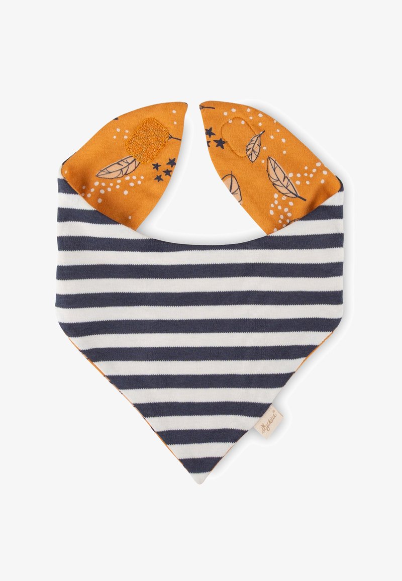 Baumwoll-Bandana-Lätzchen mit navy- und weißen Streifen, an den orangefarbenen, gemusterten Spitzen mit Blättern und Punkten. Weiche Textur und dreieckige Form.