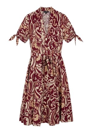 Kurzarm knielanges Kleid mit bordeauxrotem und beigem floralem Paisley-Muster, V-Ausschnitt, Taillenband und gebundenen Ärmeldetails.