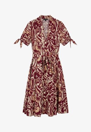 Robe courte à manches courtes, longueur genou, motif floral cachemire bordeaux et beige, col en V, ceinture à la taille et détails noués aux manches.