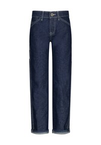 Jeans in denim blu scuro con taglio dritto, dettagli di cucitura visibili, chiusura con bottone e orli risvoltati. Presenta tasche laterali.