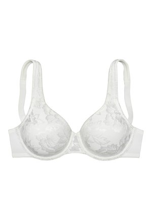 Weißer Spitzen-Bügel-BH mit verstellbaren Trägern und floralem Muster auf den Cups, entworfen für Unterstützung und Komfort.