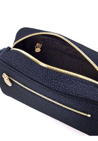 Navy textured bag with gold zippers. Features a main compartment and a smaller zippered pocket inside for organization.