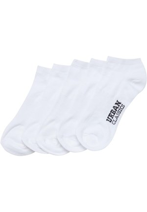 Fünf Paar weiße Knöchelsocken aus einem weichen Baumwollmix, mit einem gerippten Bündchen und schwarzem "URBAN CLASSICS"-Logo auf einer Seite.